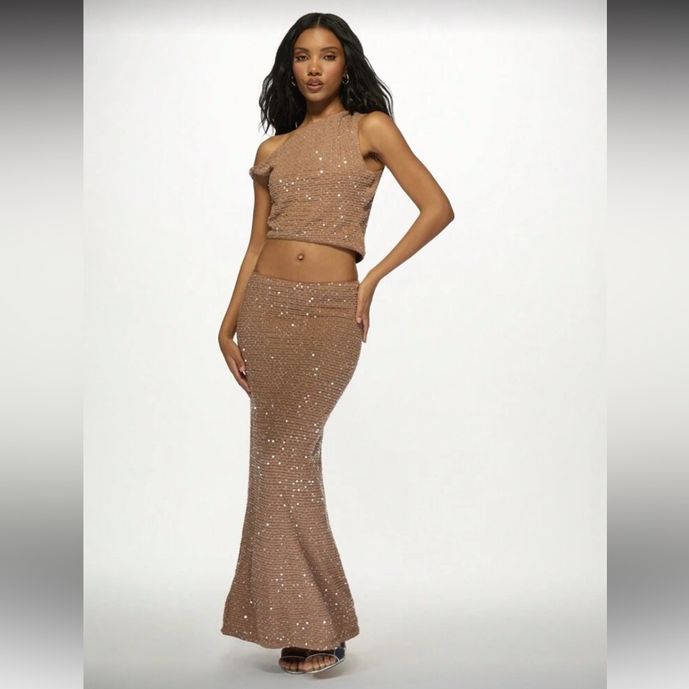 MISGUIDED Glitter Sequined Textured Two Piece Outfit Crop Top Maxi Skirt